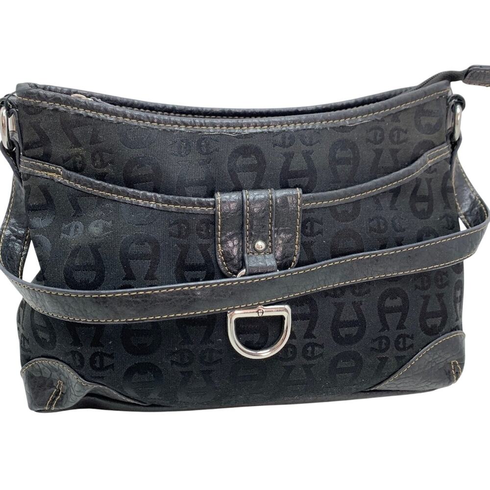 Etienne Aigner Monogram Y2K Black Logo Leather Canvas Purse Shoulder Bag Satchel